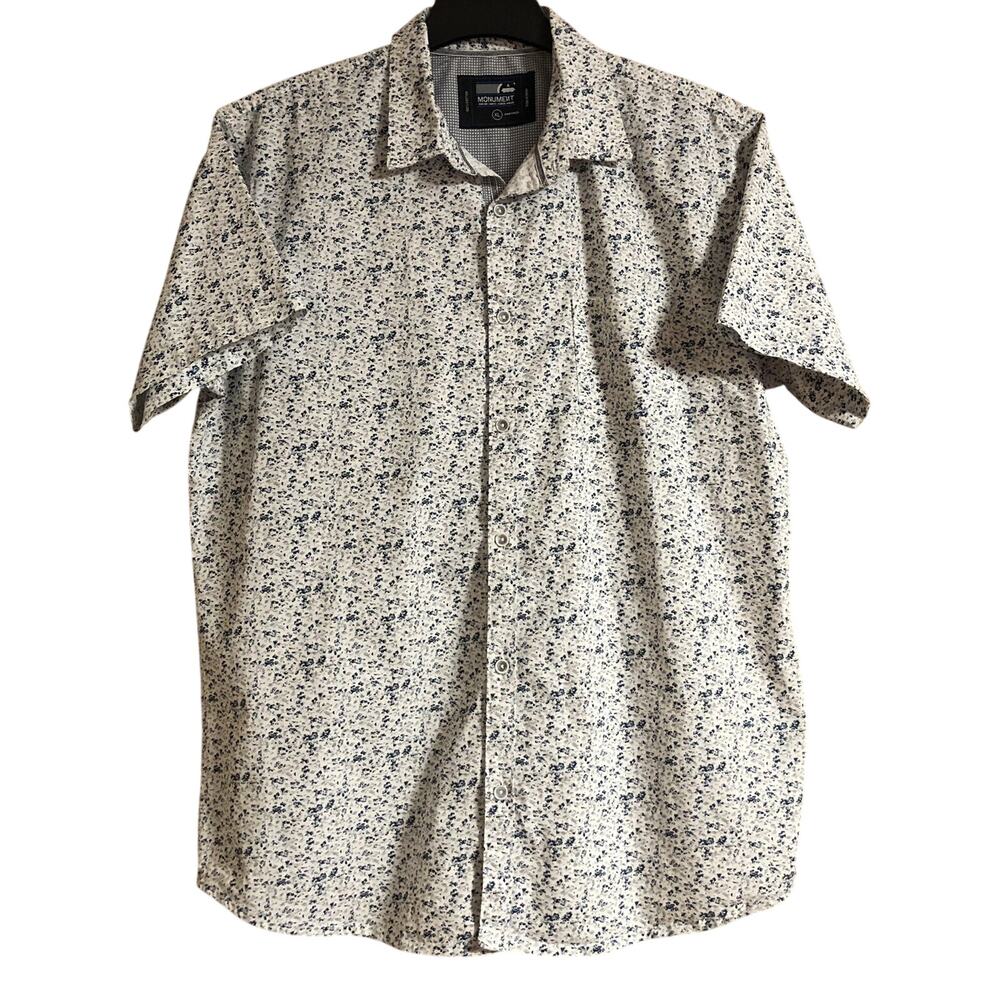 Boys Monument Floral Print Cotton Short Sleeve Button-up Dress Shirt Blue Sz XL